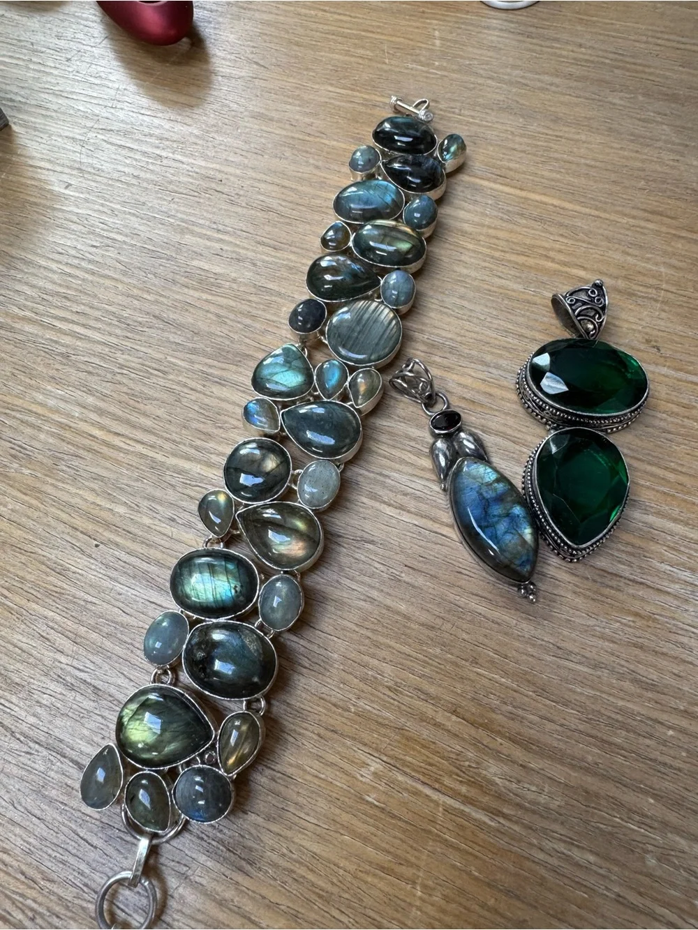 Sterling Silver Labradorite Bracelet & pendant w garnet & green diopside pendant - Picture 1 of 15